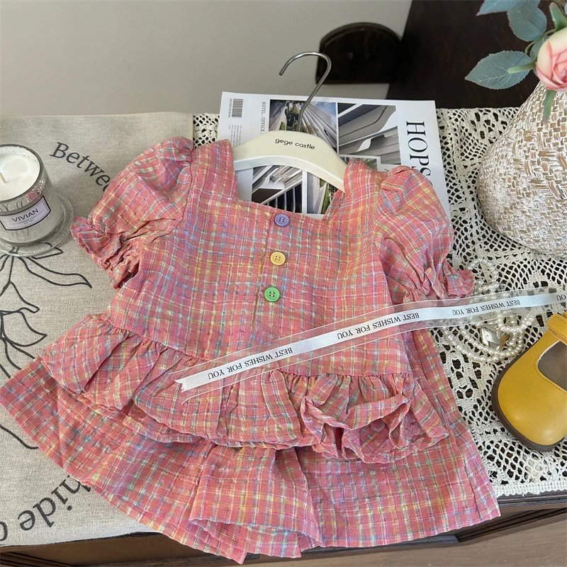 Baby Girl Set Summer New Cotton Plaid Bubble Sleeve Top And Shorts Two-Piece Set For Baby Girls Korean Version