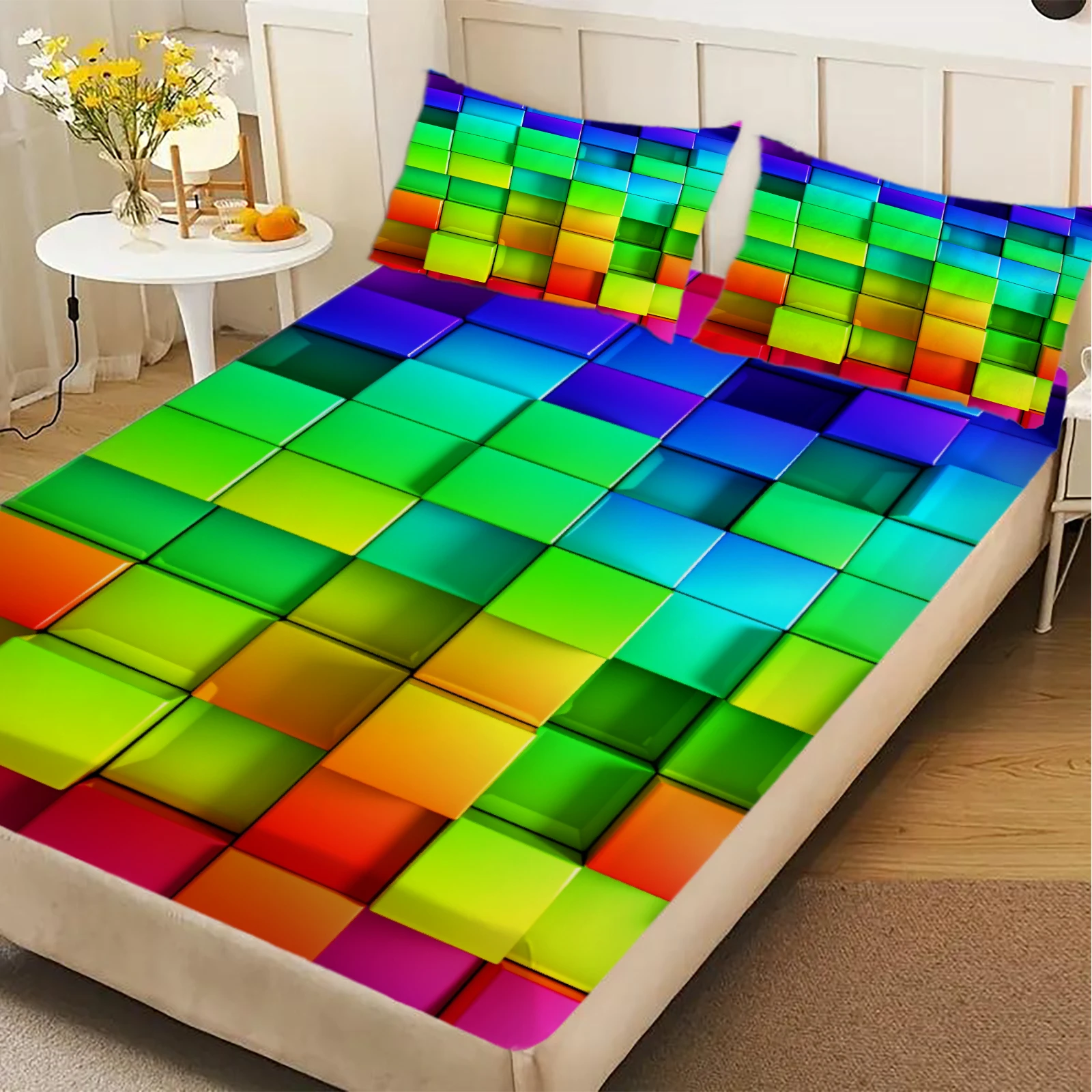 3D Rainbow Stereoscopic Cube Fitted Sheet Set Colorful Gradient Geometric Bedding Set Soft Breathable For Bedroom