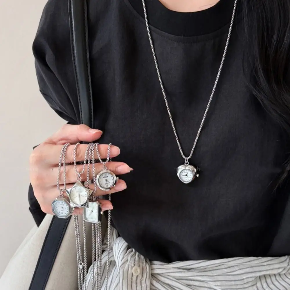 Fashion Heart-shaped Star Pocket Necklace Cross Pendant Geometry Y2K Necklace Vintage Silver Clock Pendant Casual Outfits