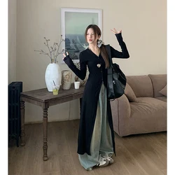 MEXZT Streetwear Black Midi Dress Women Y2K V Neck Tunic Robe Korean Fashion Long Sleeve Slim All Match One Pieces Dresses New