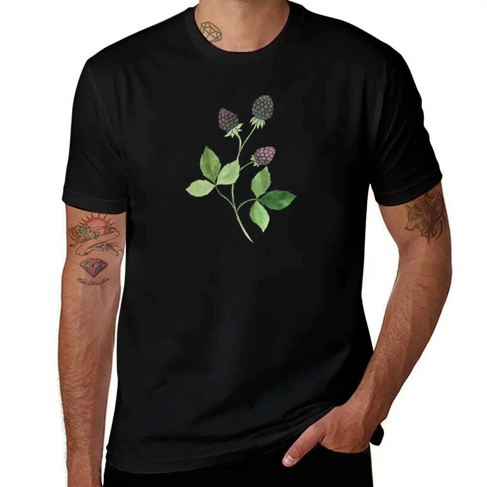 Blackberry Inked Watercolor Painting T-Shirt All Match Basic Short Sleeve Top T-Shirt