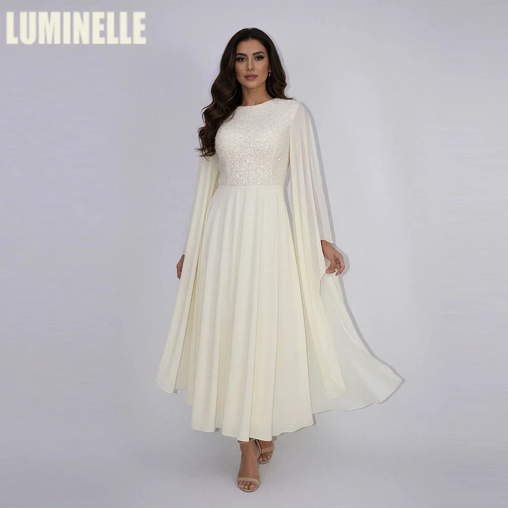 

Шифоновое вечернее платье длиной до щиколотки с блестящим кружевом и пайетками, расшитое, А-силуэт, для выпускного вечера, 2026, с рукавами-крылышками, цвета слоновой кости, на заказ