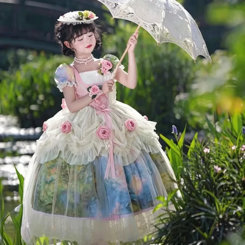 Girls Vintage Oil Painting Print Lolita Dress Puff Sleeve Corset Lace Up 3D Rose Decor Maxi Princess Dress