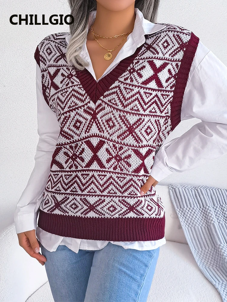 CHILLGIO Autumn Women Print Knitted Vest Sweater V Neck Casual Korean Knit Tops Fashion Winter Sleeveless Knitting Pullovers