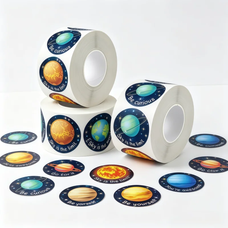 500Pcs/Roll 25mm Round Dot Stickers Cool Space Planet Astronaut Pattern for School Supplies Home Decor DIY Craft Decoration