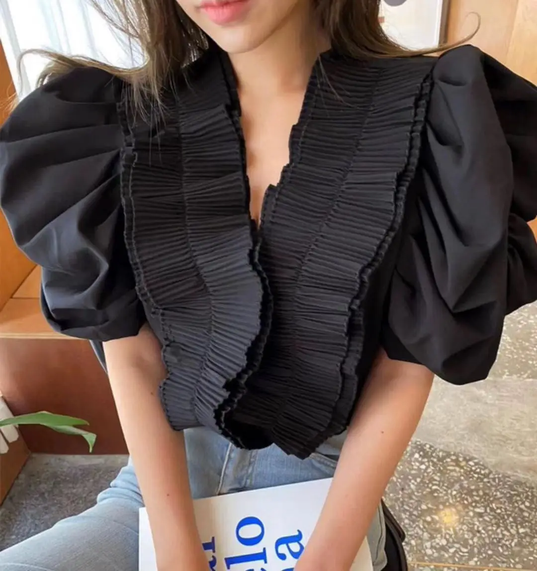 Summer Korean Patchwork Ruffles Shirts V Neck Short Puff Sleeve Womens Blouses Elegant Sweet Cropped Women Tops Blusas De Mujer