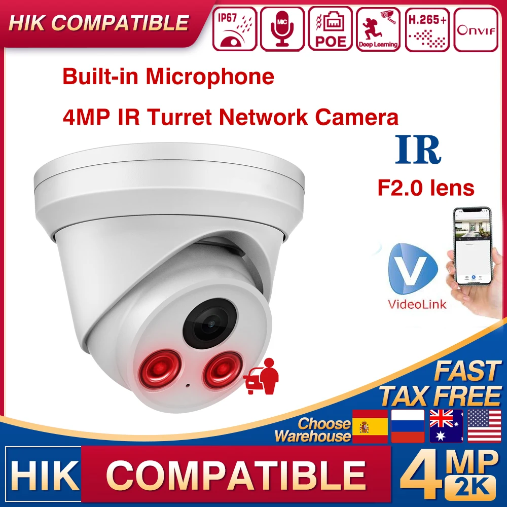 Hikvision Compatible 4MP IR Turret IP Camera Built-in Mic F2.0 lens Human Vehicle Detection Plug&Play with Hikvision NVR APP Vie