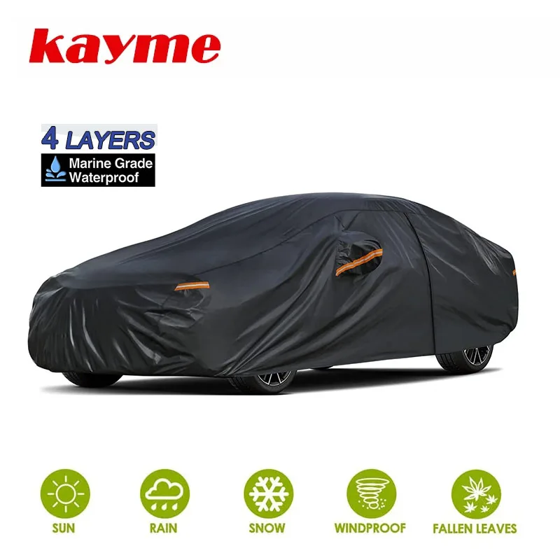 Kayme Black Heavy Duty Cotton Car Cover Waterproof All Weather, Full Exterior Cover Outdoor Snow Sun Uv Protection with Zipper