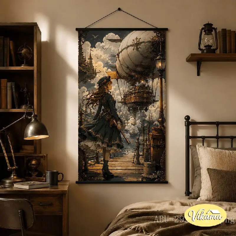 VIKAMA Steampunk Boy Tapestry Hot Air Balloon Model Castle Crow Balcony Anime Art Polyester Wall Hanging Bedroom Dorm Home Decor