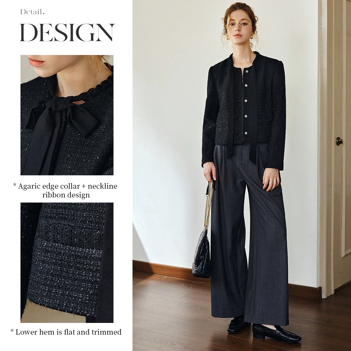 OLrain Elegant French Jackets 2025 Autumn Fashion Versatile Short Jacket Skinny Ruffle Tie Round Neck Female Tops GO57QW000938