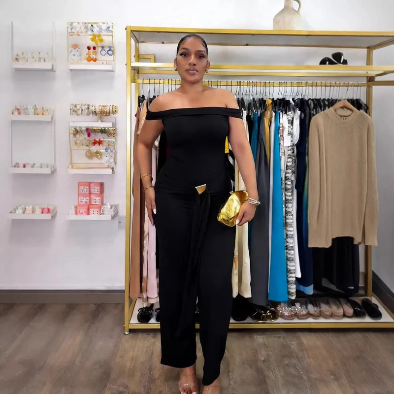 2026년 신상 아프리카 패션 여성 점프수트 솔리드 슬래시 넥 오프숄더 슬림 레이스업 점프수트