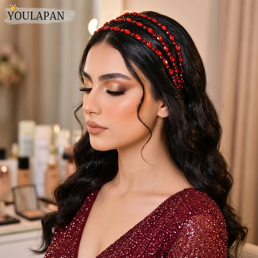 YouLaPan Trendy Red Color Rhinestone Bride Headband Multiple Layers Handmade Hair Accessories For Wedding Party HP579