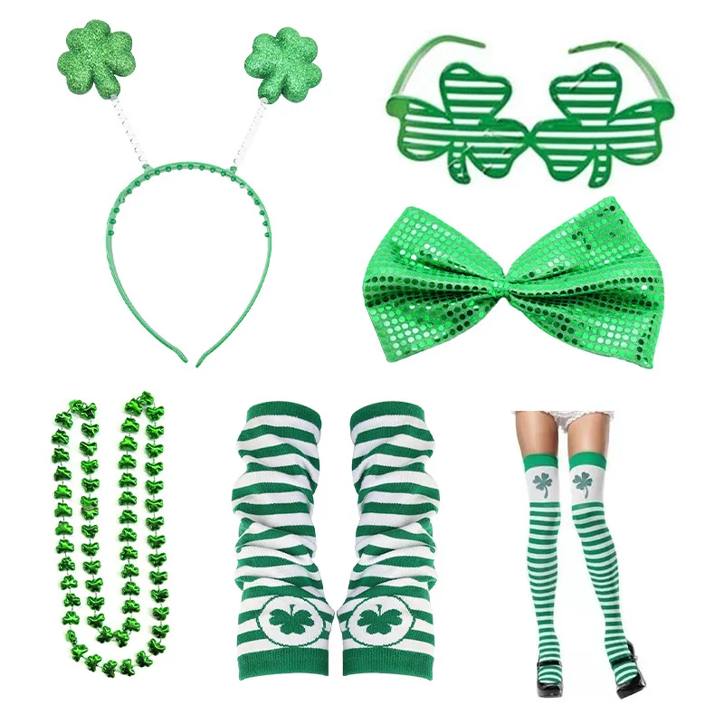 

St. Patrick's Day Accessories Hat Necklace Bowtie Glasses Green Striped Arm Sleeves Sock Party Decoration Dress Up Cosplay Set