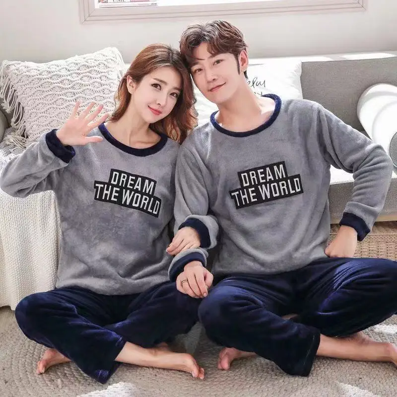 Unisex Flannel Sleepwear New Women Men Winter Warm Fleece Couples Pajamas Set Lovers Nightgown Cute Cartoon Pijamas Home Clothes