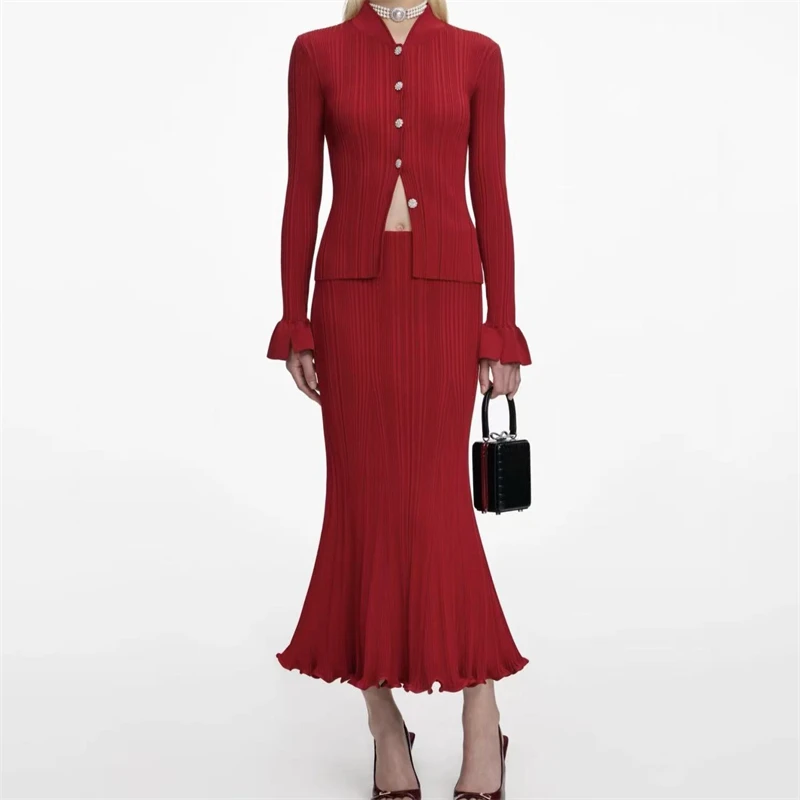 2025 Christmas andNew Year Single-Breasted RuffleSleeve Slim-Fit Knitted Skirt SetY2K High-Quality Fashionable Commuter Cardigan