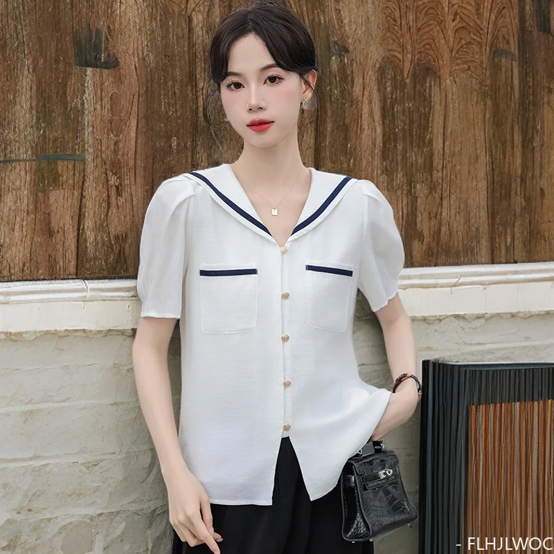 Cute Peter Pan Collar Tops Blouses New 2024 Summer Sweet Girls Preppy Style Solid Pockets White Button Shirts