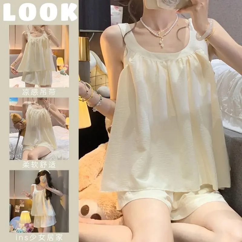 

Casual Sleepwear Women Pajama Sets Sleeveless Shorts Sets 2 Pieces Korean Piiama Solid Night Wears Summer Home Suit 2025 New