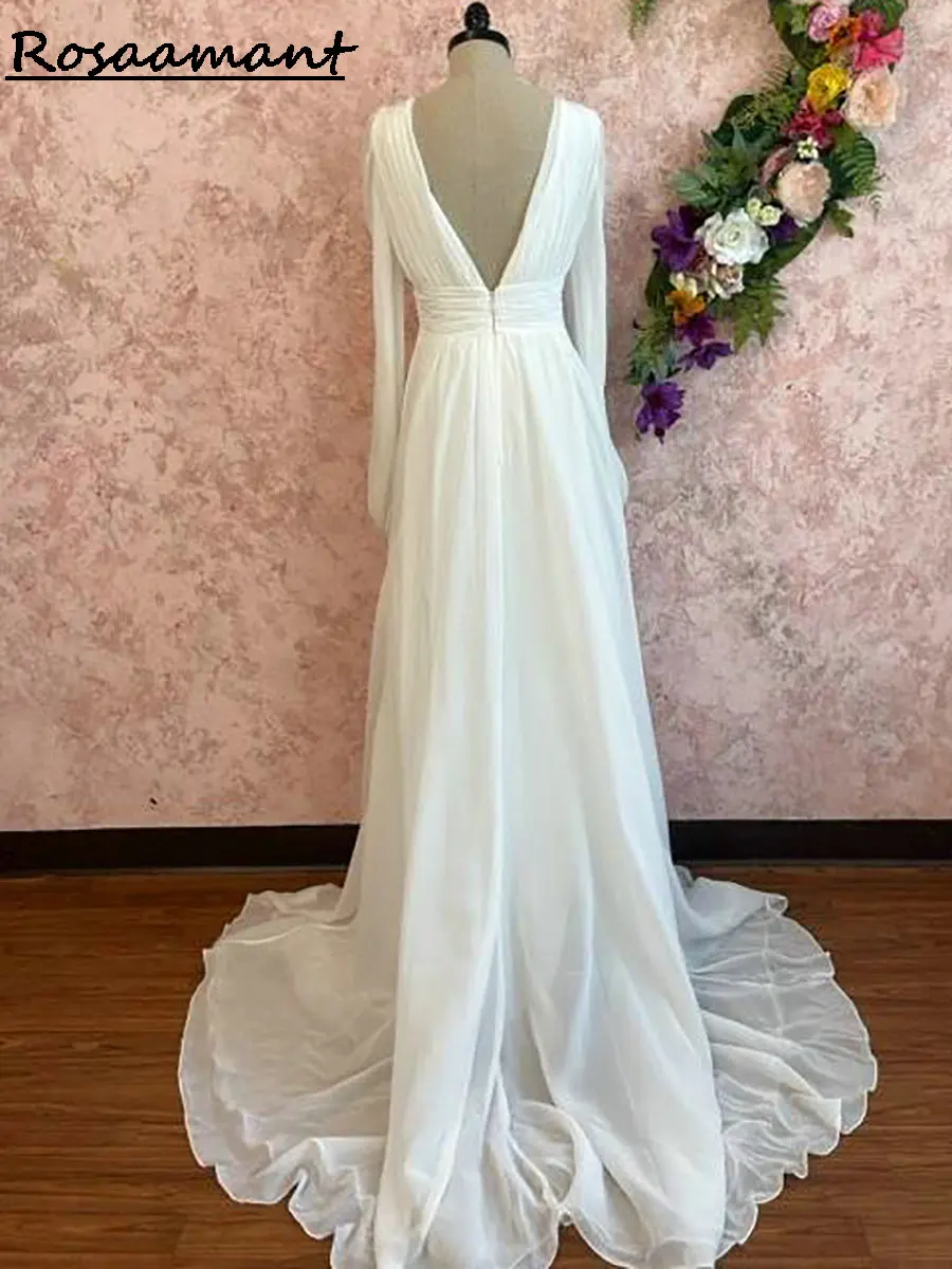 Простые шифоновые плиссированные свадебные платья трапециевидной формы с v-образным вырезом и длинными рукавами, деревенские свадебные платья