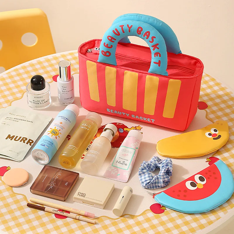 Wear-resistant Oxford fabric color-block hand-held travel storage bag - three-in-one cute and adorable dust-proof makeup bag