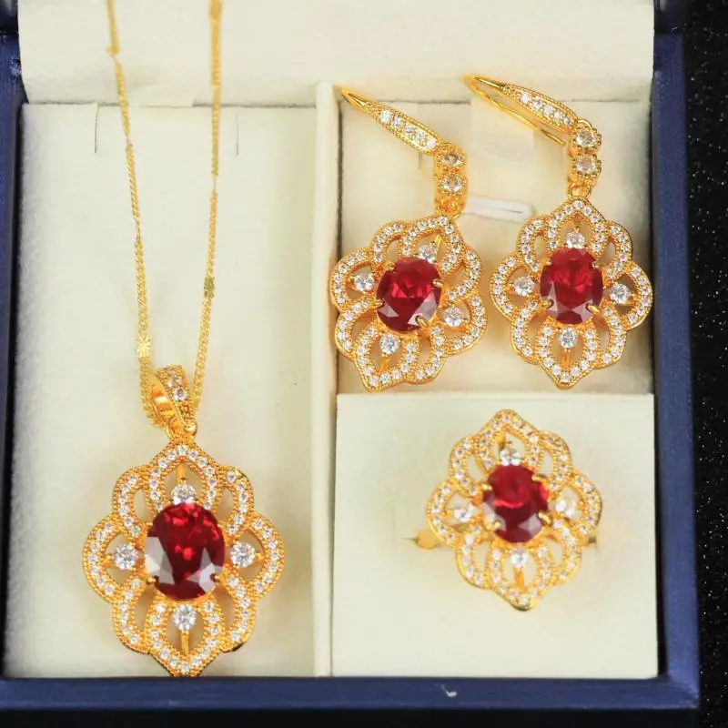 Ruby Jewelry Set Women Elegant Gift Luxury Zircon Ruby Ring Earring And Necklace Jewelry Sets For Girlfriend Mom Gifts