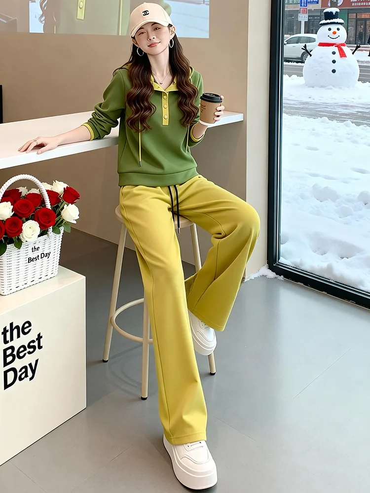 

Модный повседневный женский комплект: новая весенняя коллекция, зеленый худи с длинным рукавом и широкие брюки, комплект из двух предметов для бега, брюки с высокой талией