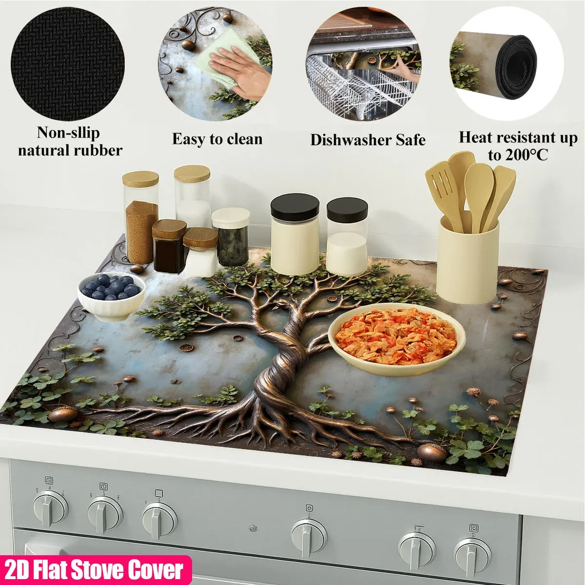 Tree of Life Stove Top Cover Heat Resistant Non Slip Protector Mat for Electric Induction Cooktop Kitchen Decor Wall Art