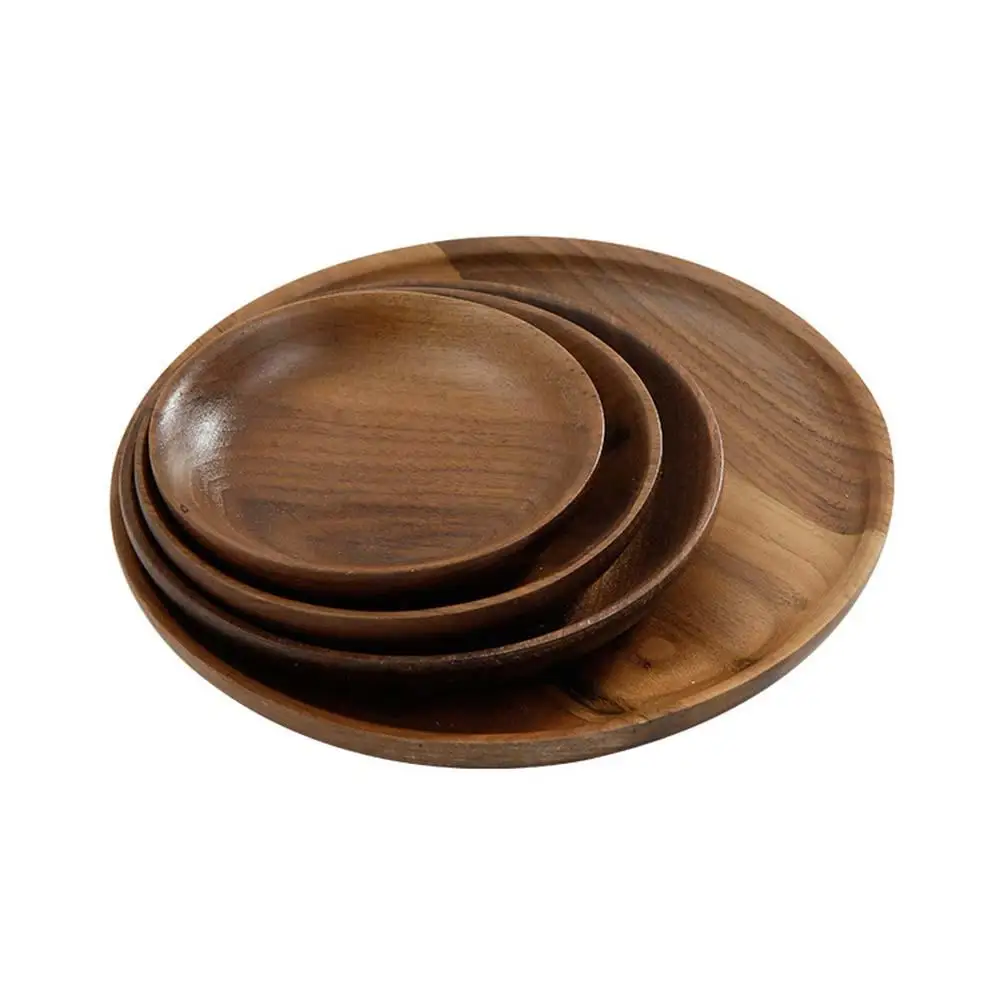 

Wooden Dessert Plate Dish Dinnerware Tray Chip and Dip Platter Walnut Round Serving Black