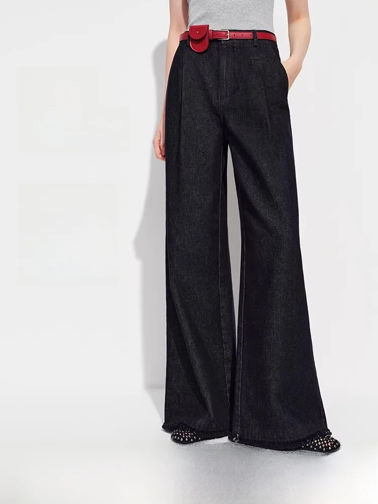 Hoge taille wijde pijpen jeans dames losse pasvorm denim lente 2026 nieuw ontwerp afslankende broek woon-werkverkeer katoen knoopsluiting