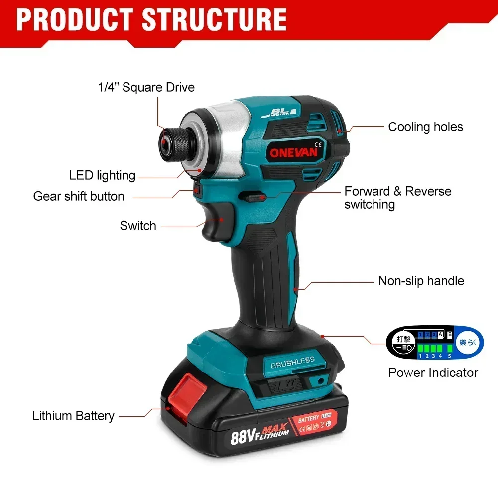 ONEVAN 600N.m Brushless Electric Screwdriver 5 Speed Cordless Electric Impact Drill Screw Driver for Makita 18v Battery