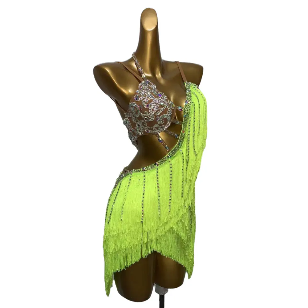 Concours de danse latine pour femmes, jupe de danse à franges personnalisée haut de gamme, bretelles, Cha Cha Samba, robe de Costume de spectacle en strass