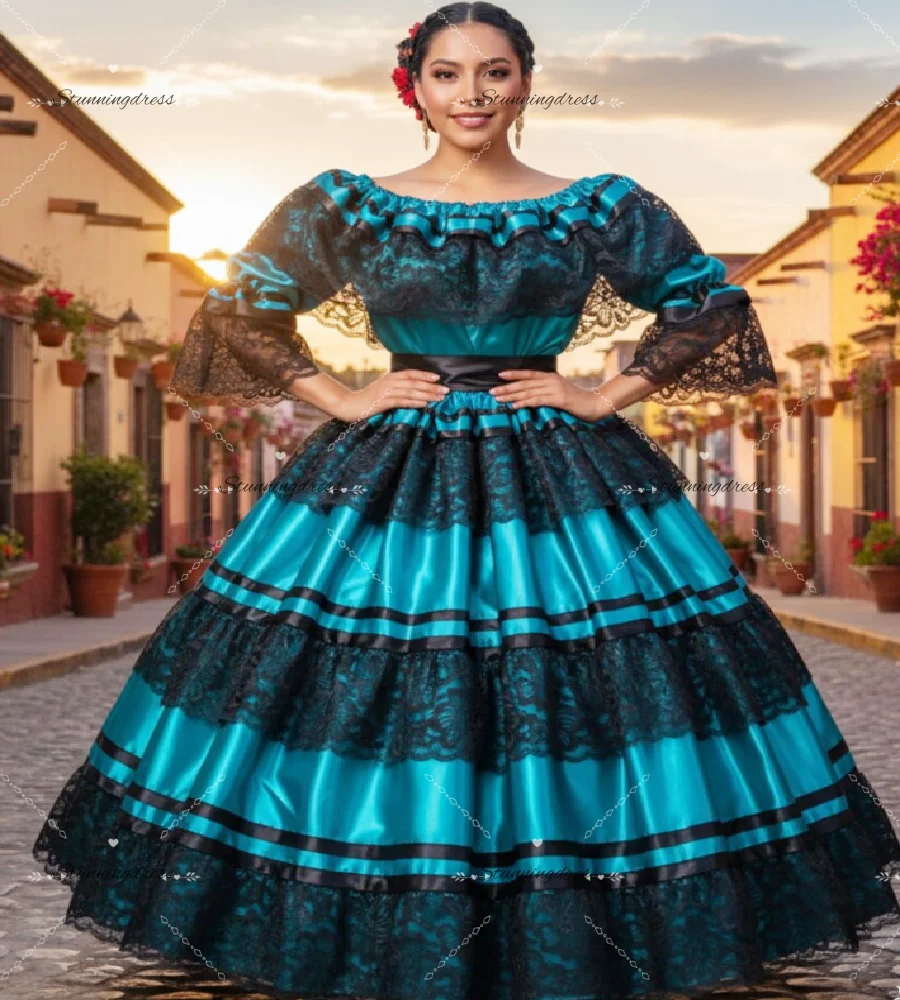 Vestido de Noche Azul Mexicano Tradicional, Vestido de Encaje para Escaramuza Charra, Vestido de Encaje Negro Folclórico para Cumpleaños, Vestido Elegante para Cumpleaños