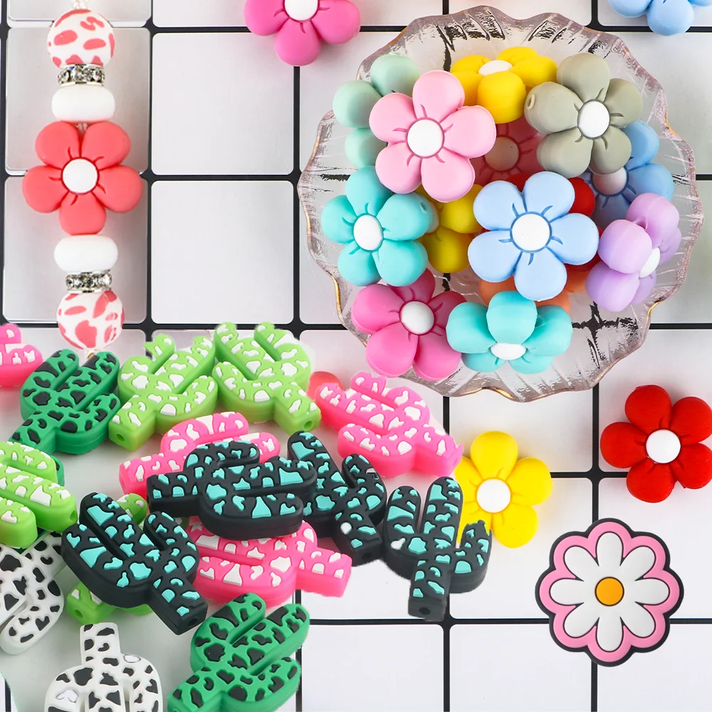3-5Pcs/Lot Plant Silicone Focus Beads Sunflower Cactus Leopard Pattern DIY For Handmade Craft Accessories Bracelet Necklace