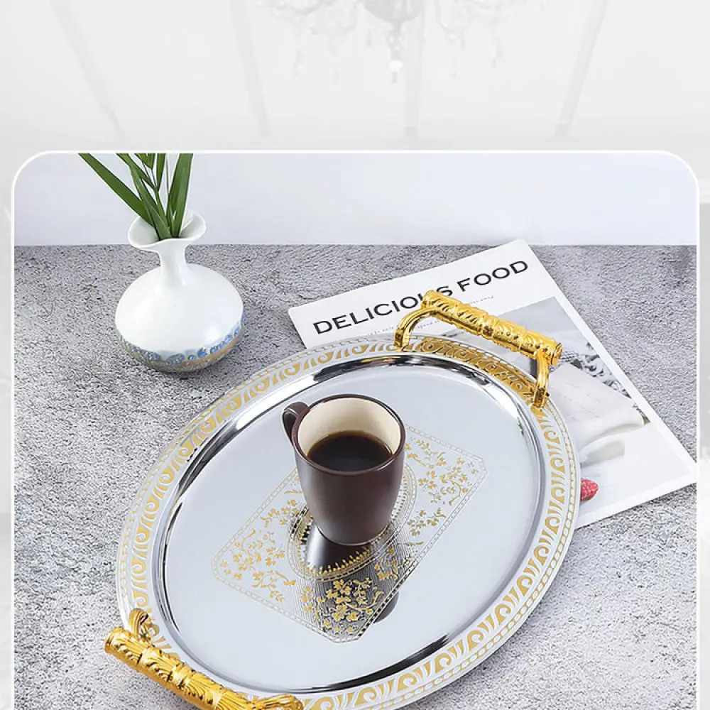 Luxury Oval Stainless Steel Decorative Tray Retro Floral Pattern Serving Platter For Home Dining Kitchen Table Storage Plate