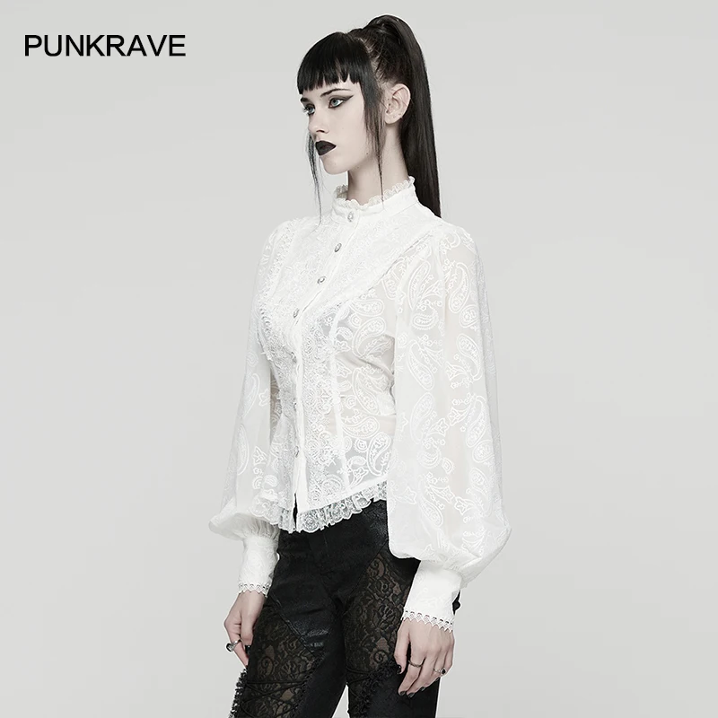 PUNK RAVE Women's Gothic Embroidered Elegant Puffed Sleeve Chiffon Shirt Adjustable Drawstring Mysterious Romantic Tops 2 Colors