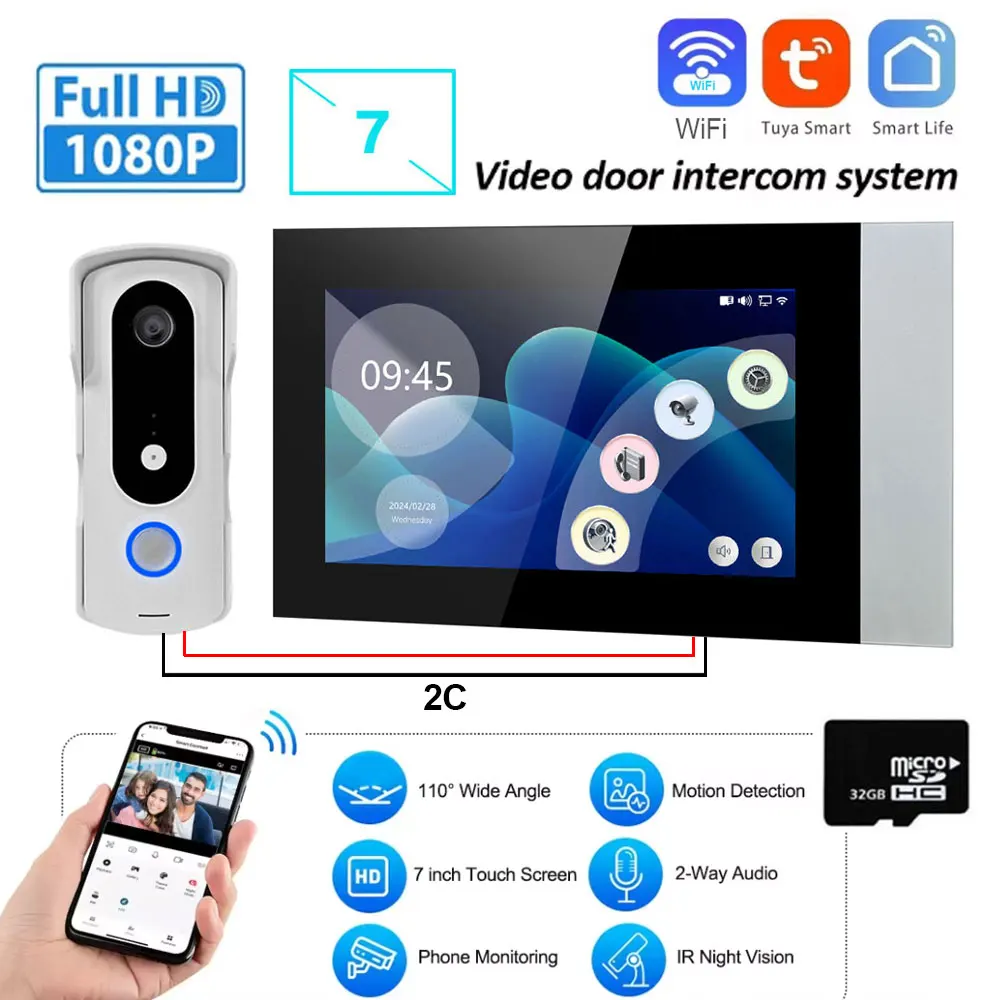 New 2 Wire Video Intercom System 7'' Color Touch Screen Tuya Wifi 1080P  Rainproof Call Panel IR Camera for Home Villa Building