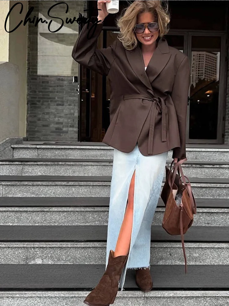 

Casual Solid Blazers Women Coats Vintage Lapel Lace Up Full Sleeve Loose Female Jackets 2026 Spring Fashion Lady Outwears New