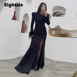 Eightale Feather Evening Dress for Wedding Party One Shoulder Long Sleeves Mermaid Customized Black Arabic Prom Gowns Dress