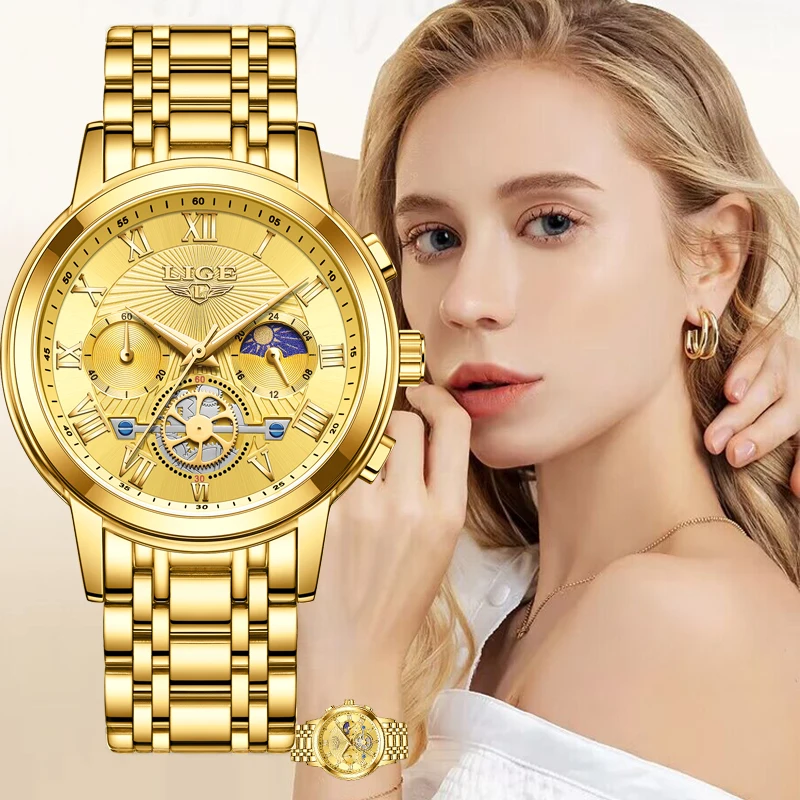 LIGE-Reloj de pulsera de lujo para mujer, cronógrafo dorado luminoso, resistente al agua, de cuarzo, de acero inoxidable + caja, nuevo