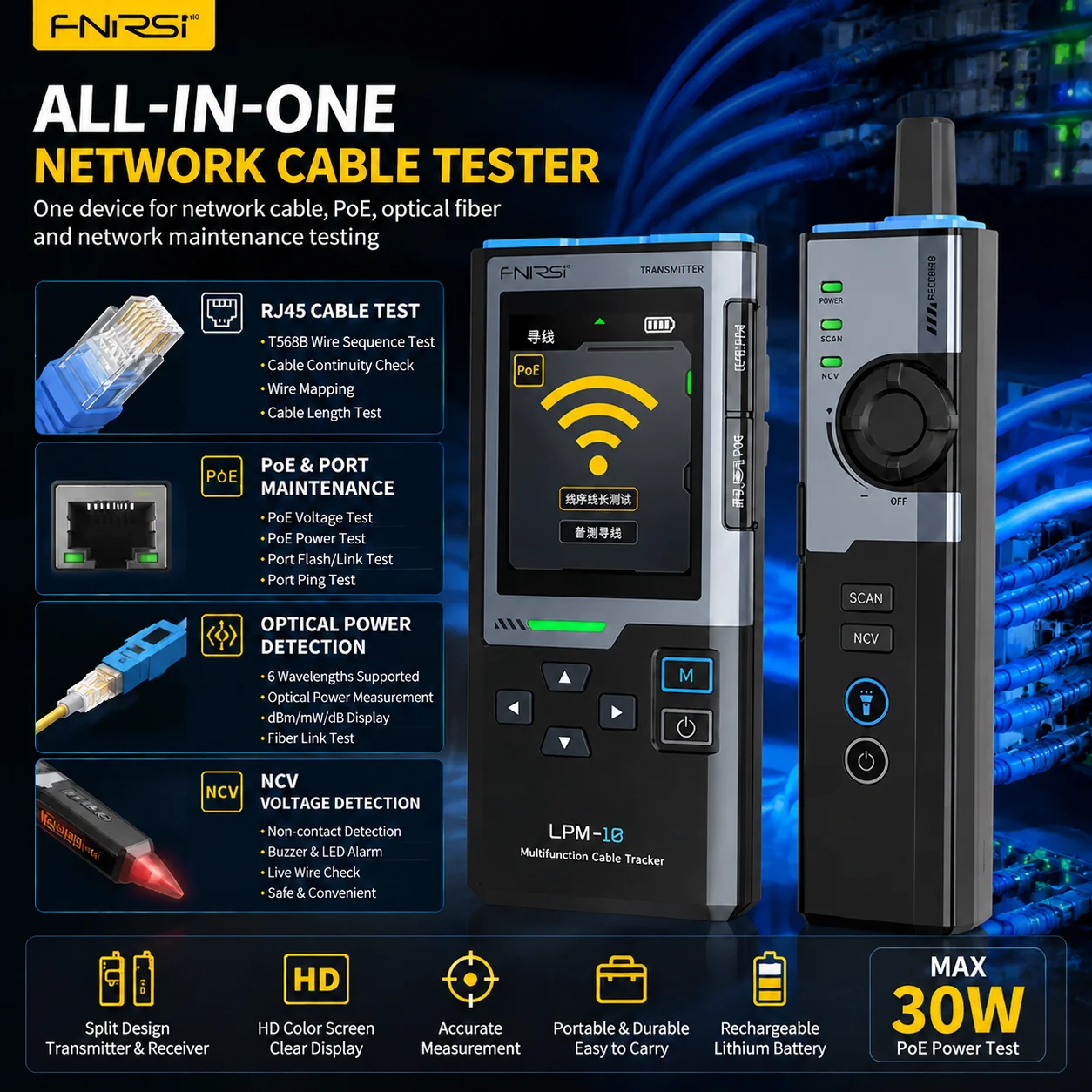 FNIRSI LPM-10 Multifunction Network Cable Tester Tracker RJ45 RJ11 Anti-interference POE Test Port Flash NCV Len Test LAN Tool