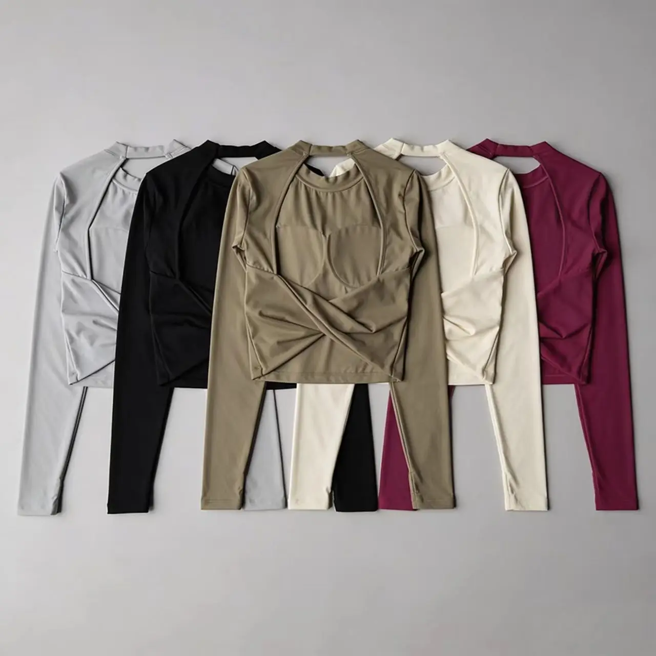 

Women Long Sleeve Knotted Yoga Crop Top with Built-in Pads High Elasticity Fitted Sexy Sports Tee for Running Gym Fitness