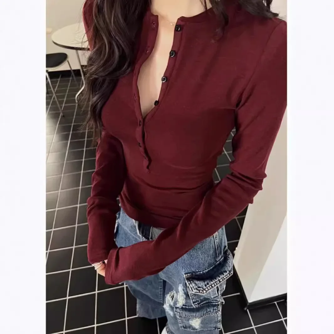 Women's Long Sleeve Cropped Slimming T-Shirt Solid Colors Inner V-Neck Base Layer Top For Autumn Winter 2024 Slimming Effect