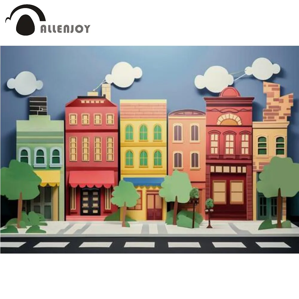 

Allenjoy Urban Street Scene Paper-Cut Photography Backdrop Animated Houses Buildings Photoshoot Background