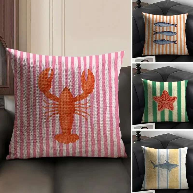 Ocean Life Theme Striped Cushion Cover Natural Linen Organic Fabric Double-Sided Printing Sofa Home Decor Gift Pillow Case