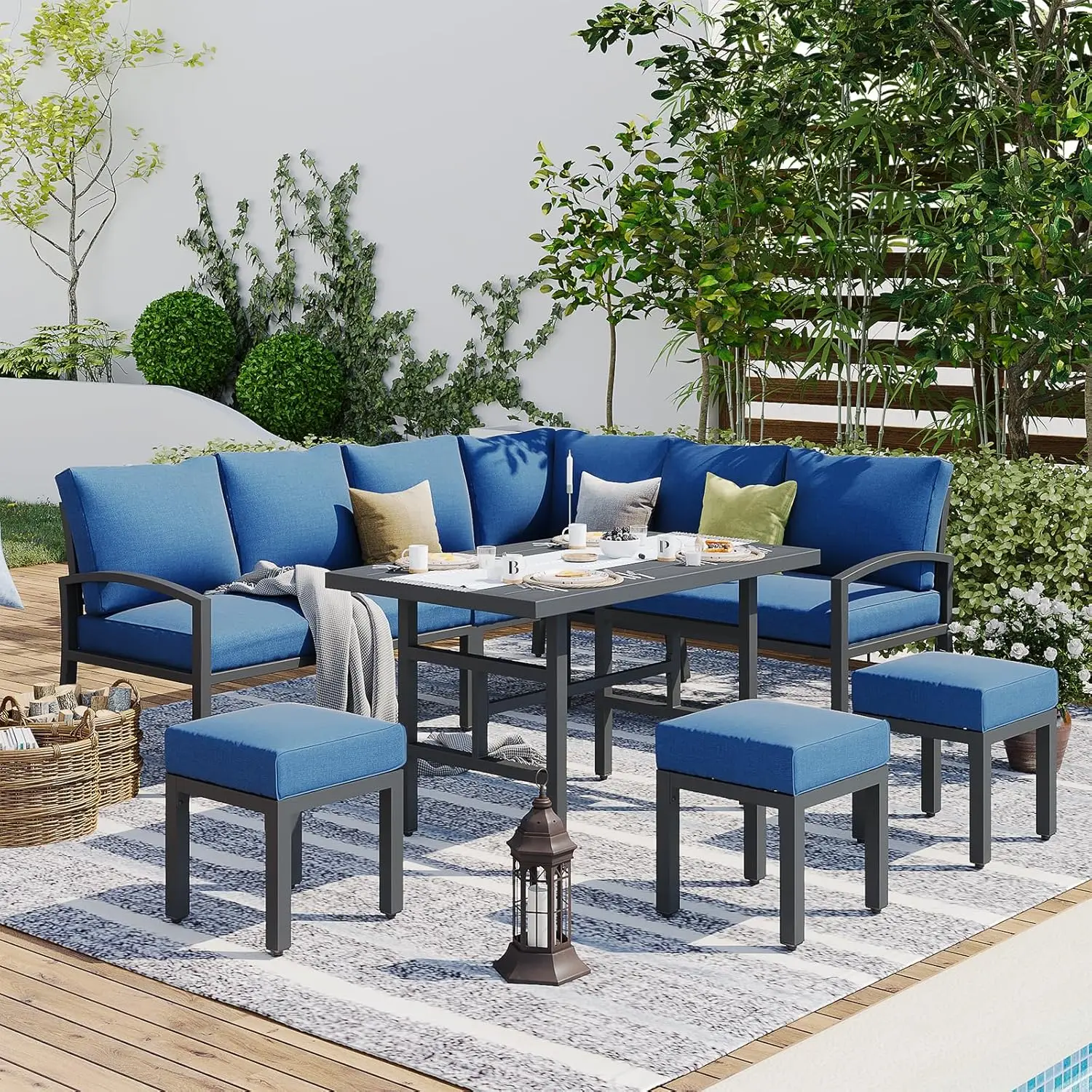 

Metal Patio Furniture Set, 7 Pieces Modern Outdoor Conversation Set, Sectional Sofa with High Dining Table&Chair, Cushions