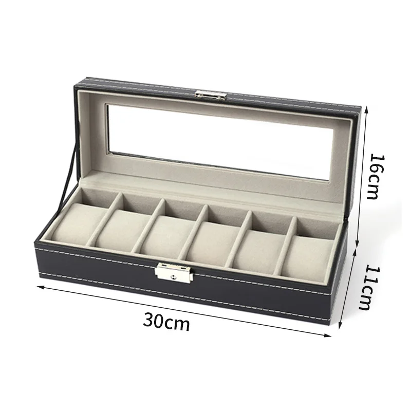 Handmade Grids PU Leather Watch Box Display Case Holder Black Storage Box Glass Jewelry Organizer for Men & Women Best Gift Box