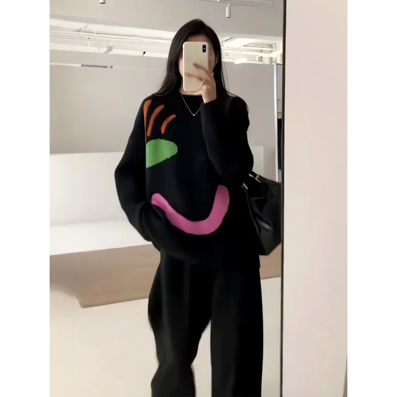 

Толстый свитер с цветными блоками для женщин осень-зима, свободный пуловер с круглым вырезом, вязаный низ, повседневный топ контрастного цвета