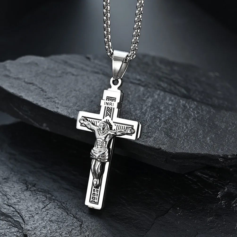 Mens Jewellery Vintage Religious Christianity Jesus Stainless Steel Cross Pendant Necklace for Men Sweater Chain Jewelry Gift