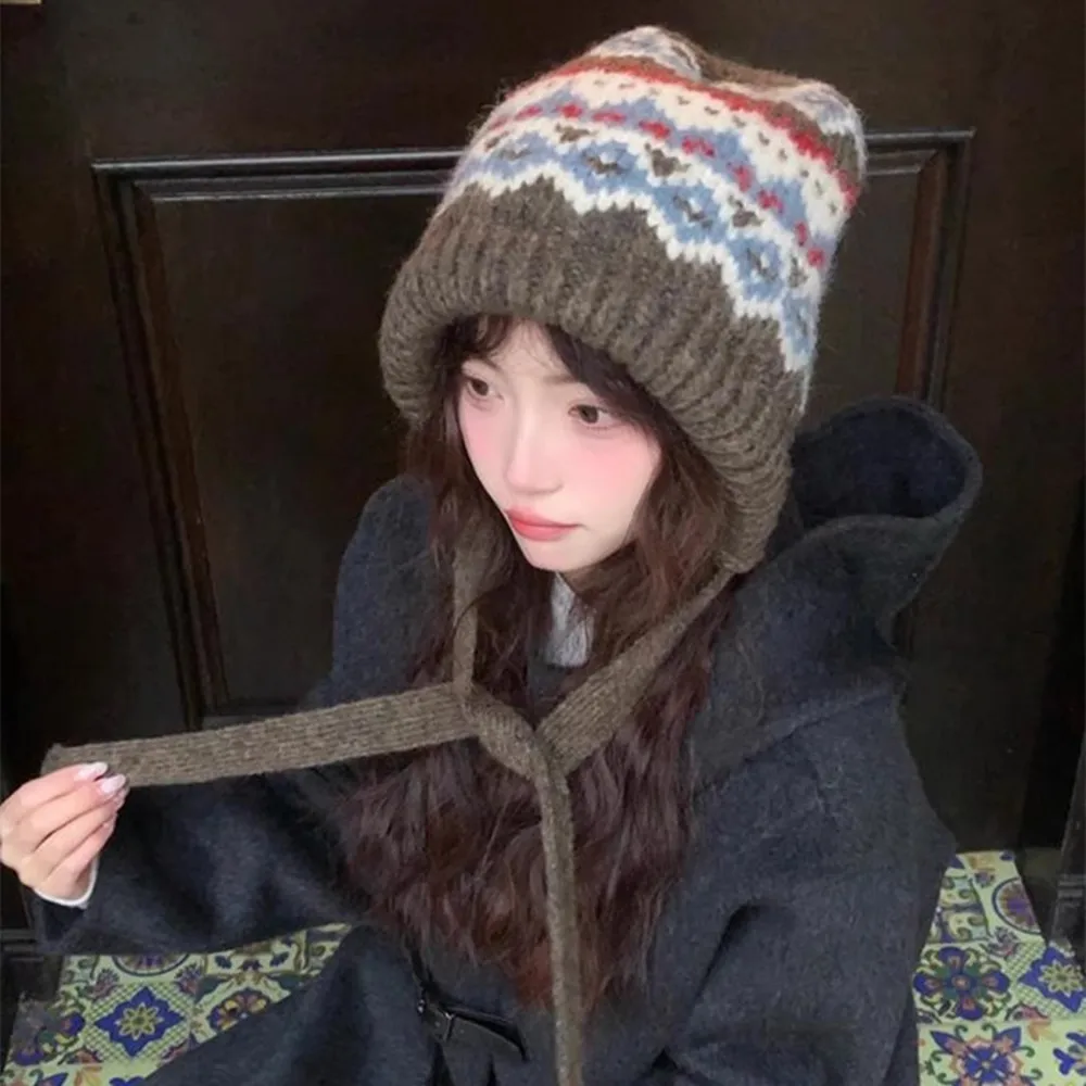 Women's Winter Hat Elastic Knitted Woolen Hat Winter Warm Ear Protection Hat Ethnic Style Bomber Hats Korean Sweet Beanies Cap