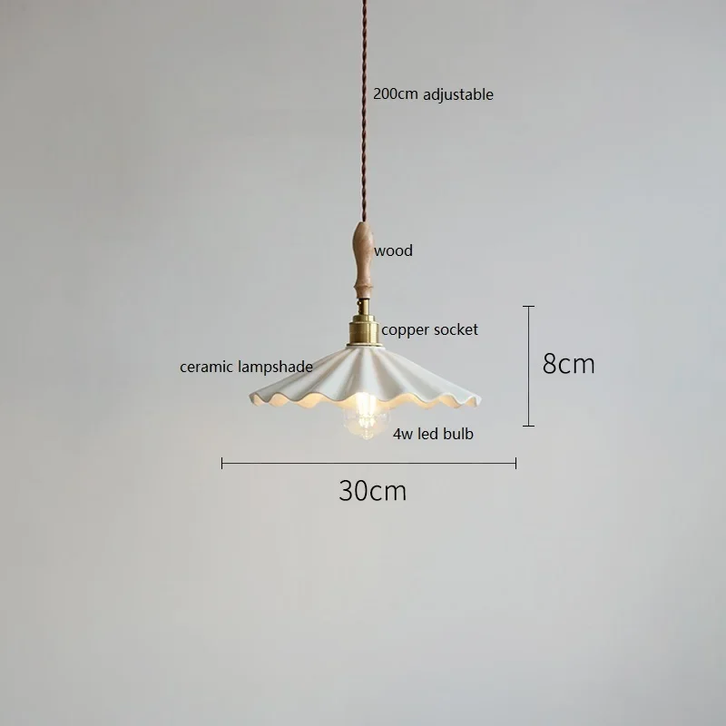 Big Ceramic LED Pendant Lights, House Decor, Quarto, Living, Sala de jantar, Madeira, Soquete de cobre Suspenso Lâmpada, 30cm