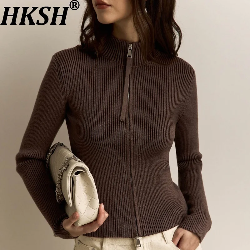 

HKSH осень-зима новый женский свитер с воротником-стойкой двойная молния с длинными рукавами однотонный облегающий вязаный топ элегантный HK15959